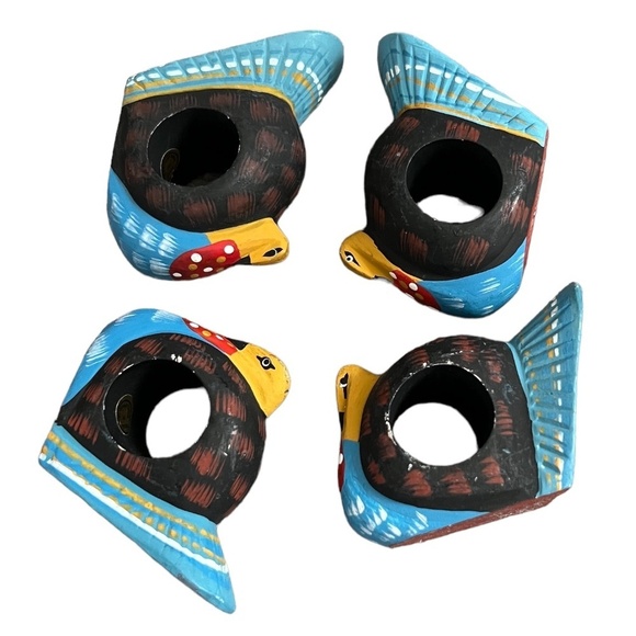 Set Of 6 Vintage 70s Hand painted Wooden Turkey Birds Napkin Ring Holders - Picture 2 of 12